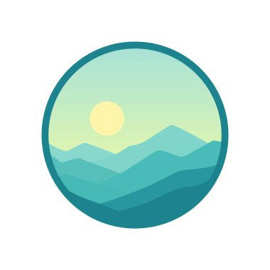 Minimalist düz tasarım çizimi, içinde yeşil ve deniz mavisi tonlarının yer aldığı bir daire içinde bulunan, güneşli, sakin bir dağ manzarası..