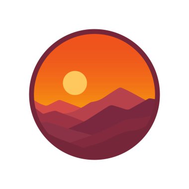 Minimalist düz tasarım çizimi, kırmızı ve turuncu tonlarda sıcak gölgeler içeren, batan güneşli sakin bir dağ manzarasının çizimi..