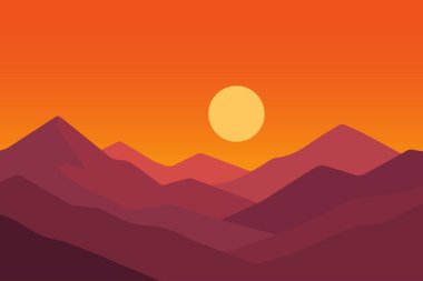 Minimalist düz tasarım, batan güneşli, kırmızı ve turuncu tonları olan sakin bir dağ manzarasının tasviri, arka planlar için mükemmel..