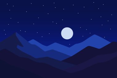 Minimalist düz tasarım tasarımı. Gece, dolunay ve yıldızlı sakin bir dağ manzarası. Mavi tonlarda..