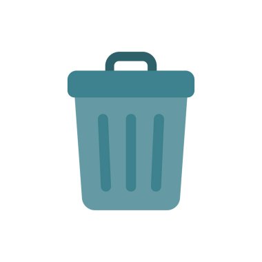 Mavi-yeşil bir çöp tenekesinin basit düz tasarım simgesi, silme, atık ve imhayı simgeliyor.