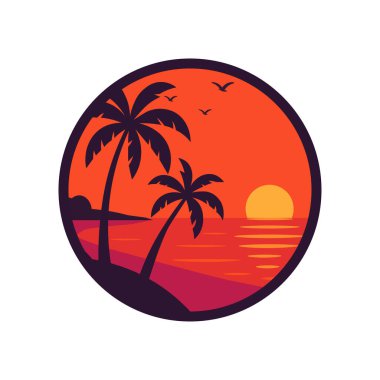 Tropik bir sahil günbatımının palmiye ağaçlarıyla yuvarlak vektör çizimi. Seyahat, tatil ve rahatlama logoları veya simgeleri için mükemmel.
