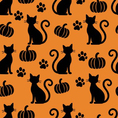 Canlı turuncu arka planda siyah kedi siluetleri, balkabakları ve pençe izlerinden oluşan kusursuz bir Cadılar Bayramı deseni. Mevsimlik tasarımlar için mükemmel.