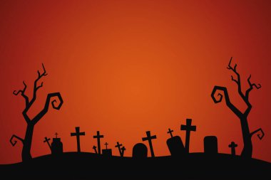 Kırmızı-turuncu eğimli bir mezarlık siluetinin ürkütücü vektör arkaplanı. Cadılar Bayramı, korku ve festival temaları için ideal..