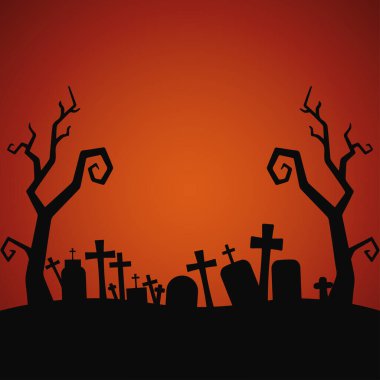 Kırmızı-turuncu arka planı olan bir mezarlık siluetinin ürkütücü vektör çizimi. Cadılar Bayramı, korku ve gizem temaları için mükemmel.