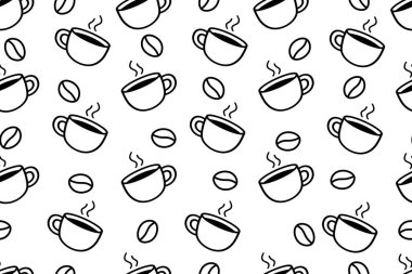 Siyah ve beyaz kahve fincanları ve fasulyelerden elle çizilmiş, pürüzsüz bir desen. Kafe geçmişi, menü tasarımları ve kahve ile ilgili projeler için mükemmel..