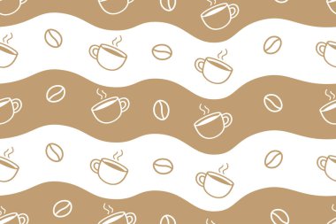 Dalgalı kahverengi ve beyaz çizgili arka planda beyaz kahve fincanları ve fasulyeler bulunan el yapımı, pürüzsüz bir desen. Kafe dekorasyonu ve ambalaj için mükemmel..