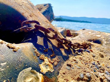 Rusty iron chain on the shore clipart