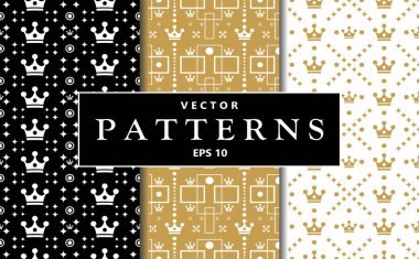 Taçları ve yıldızların arka planında kusursuz desenler var. Lüks markalaşma, kraliyet temalı etkinlikler, çocuk partileri, ambalaj tasarımı, kumaş baskısı, kırtasiye, duvar kağıdı, dijital arka plan