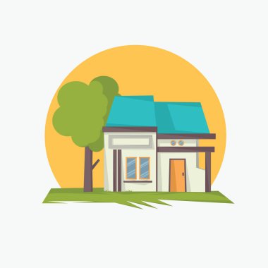 Bir evin vektör çizimi. Önünde mavi çatılı ve ağaç olan beyaz bir ev, web iniş sayfaları, afişler, el ilanları, çıkartmalar, kartlar ve arka planlar için ideal vektör grafik çizimi