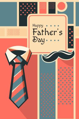 Kravat ve Bıyık Simgeleriyle Babalar Gününüz kutlu olsun. Babalar Günü 'nü kutlamak için kravat ve bıyık simgelerini içeren düz vektör arkaplan. Tebrik kartları, posterler ve sosyal medya paylaşımları için ideal.