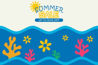 Coral ve Flowers 'la yaz indirimi. Deniz altındaki renkli mercan ve çiçek elementleriyle dolu parlak yaz arkaplanı. Mevsimlik tanıtım, broşür ya da afiş tasarımı için mükemmel.