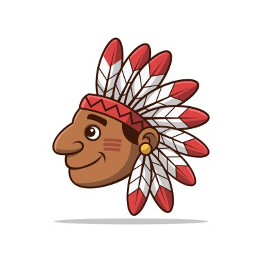 Yerli Amerikan Şef Çizgi Film Vektörü. Gülümseyen Amerikan çizgi film şefi geleneksel kırmızı ve beyaz başlık takıyor. Maskot, logo, kültür temalı projeler için harika..