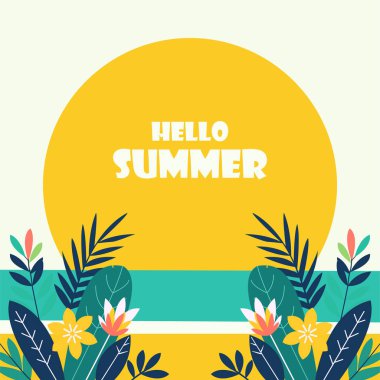 Tropikal Yapraklar İllüstrasyonlu Parlak Yaz Sancağı. Güneş ve tropikal yapraklı renkli vektör pankartı. Web tasarımı, davetiyeler, posterler ve mevsimsel tanıtım kullanımı için ideal.
