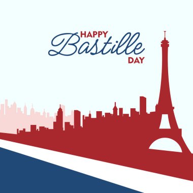 Bastille Günü için Eyfel Kulesi ve Fransız bayrağı temalı şehir silueti ile stilize edilmiş vektör. Editör, reklam ve olay tasarımları için ideal.