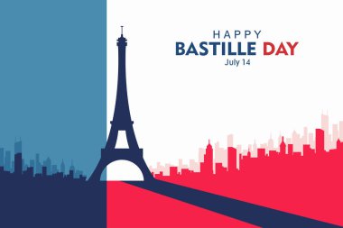 Tricolor Temalı Bastille Günü Paris Skyline Vektör İllüstrasyonu. Bastille Günü için harika tasarımlar ve vatansever Fransız temaları.