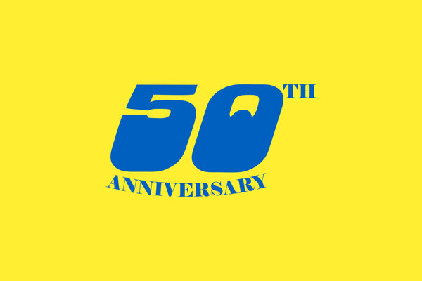 Bold Blue 50th Anniversary Logo on Yellow Background