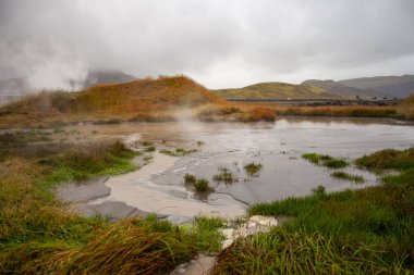 İzlanda 'da Jeotermal Sıcak Bahar. Bulutlu bir günde Çimen' in etrafını sardığı Su 'dan Yükselen Akıntı. Yüksek kalite fotoğraf