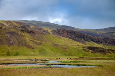 İzlanda 'daki çarpıcı Yeşil Dağ Vadisi Çayırı' nda dramatik bulutlar ve içinden akan bir nehir var. Yüksek kalite fotoğraf