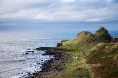 İrlanda 'daki Rocky Coastline, Yeşil Çimen ve Dramatik Bulutlar. Yüksek kalite fotoğraf