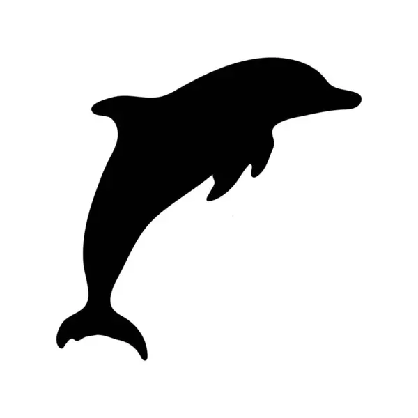 stock vector The image depicts a black silhouette of a dolphin in mid-jump, showcasing its streamlined body, dorsal fin, and characteristic curved shape. The minimalistic design emphasizes the iconic outline of the dolphin.