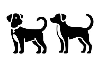 Bu resim iki siyah köpek siluetini basit, minimalist bir şekilde tasvir ediyor. Bir köpek kıvrık bir kuyrukla öne bakıyor, diğeri ise düz bir kuyrukla profilde gösteriliyor, köpeklerin farklı bakış açılarını vurguluyor..