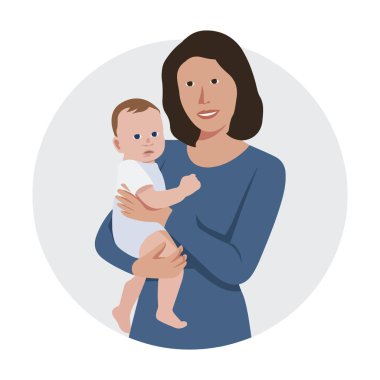 This image portrays a mother lovingly holding her baby in her arms. The mother, dressed in a blue shirt, has a gentle expression as she cradles the child securely. The baby, wearing a white outfit, looks forward with a calm and curious gaze clipart