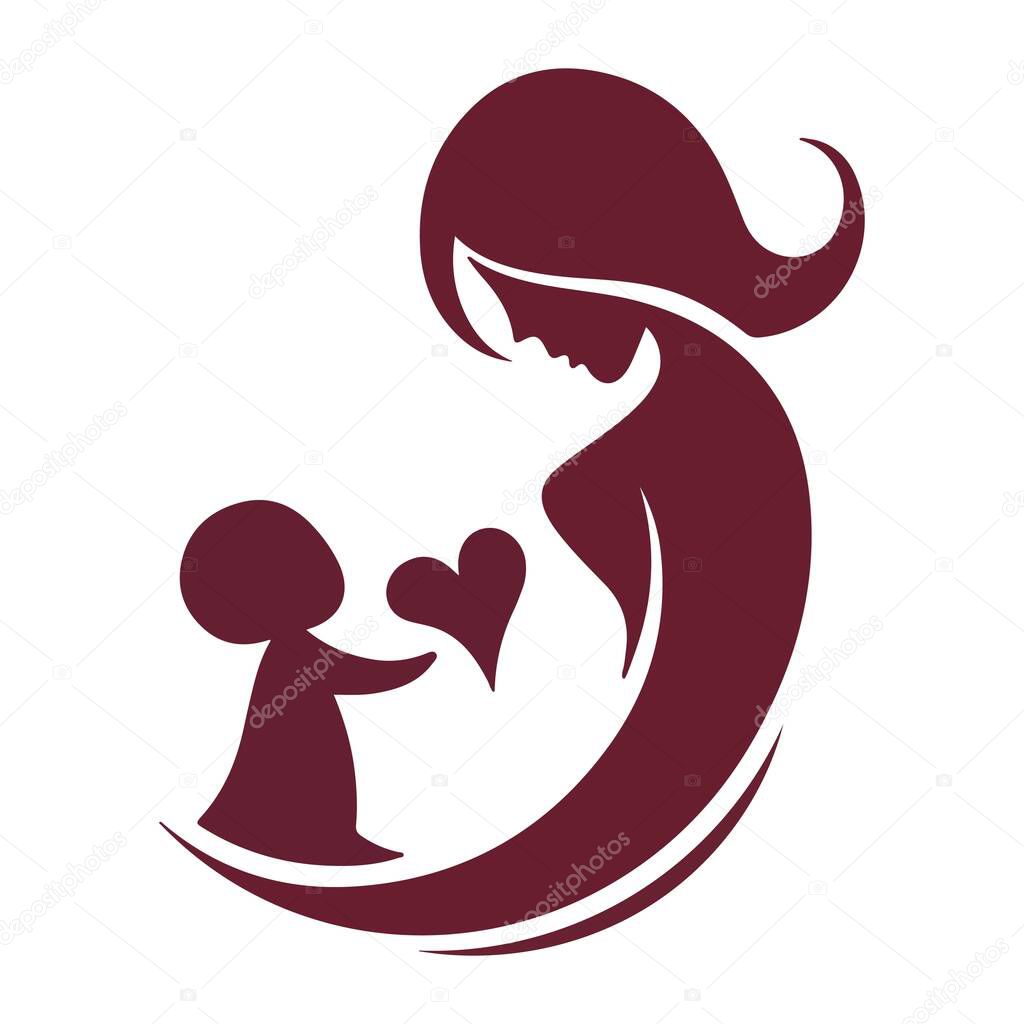 This image is a minimalist illustration of a mother and child in a heartwarming pose. The mother is depicted in profile with long flowing hair, gently looking down at her child, who is offering a heart.