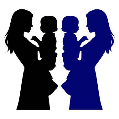 Bu resimde iki anne silueti görülüyor. Biri çocuklarını tutuyor, biri siyah, diğeri mavi. Minimalist tasarım, anne ve çocuk arasındaki sevgi, ilgi ve annelik bağını sembolize eder..