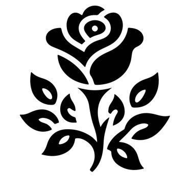Bu resim, parlak, dalgalı çizgileri ve soyut yaprakları olan cesur ve stilize bir gül silueti sergiliyor. Minimalist tasarımı, basitlik ve zarafeti vurgulayan logolar, dövmeler veya modern grafik projeleri için idealdir..