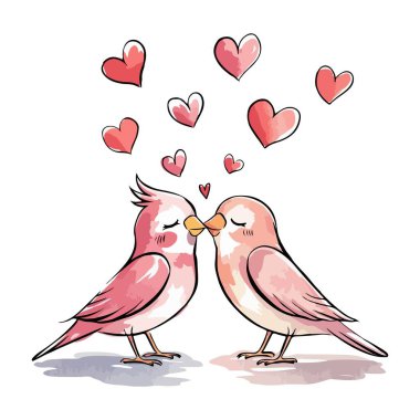 Yüzen kalplerle çevrili iki aşk kuşunun tatlı bir öpücüğü. Bu romantik sahne, Sevgililer Günü 'nün sıcaklığını ve sevgisini yansıtıyor. Aşkı ve birlikteliği basit ve içten bir şekilde simgeliyor..