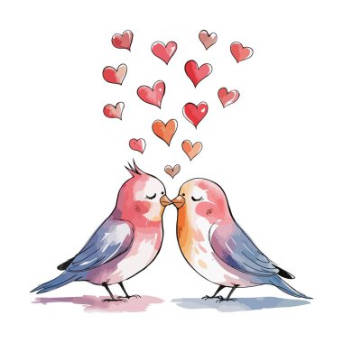 Havada süzülen kalplerle çevrili iki aşk kuşunun birbirine dokunuşunun hoş bir çizimi. Bu yürek ısıtan sahne aşkı ve sevgiyi simgeliyor. Sevgililer Günü ya da herhangi bir aşk kutlaması için mükemmel..