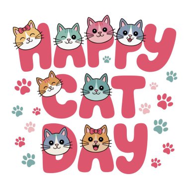 Mutlu Kedi Günü tipografi vektör sanatı ve illüstrasyonu.