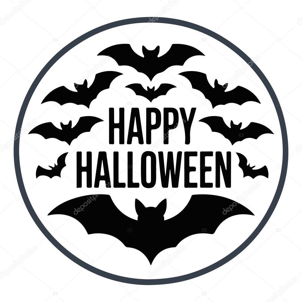 Happy Halloween circle logo with bat icon vector art and illustration.
