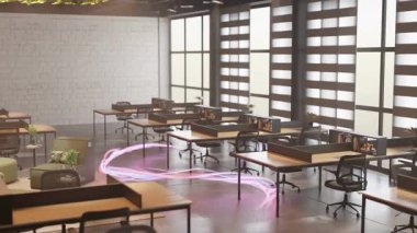 Sandalyeleri ve masaları olan modern ofisin iç tasarımı. 3 Boyutlu Hazırlama