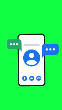 Soru ve ünlem işaretli mavi akıllı telefon yeşil arka planda izole edildi. Uyarı işareti. kopyalama alanı. Sohbet sembolü vektör illüstrasyonu