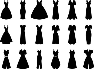 Kadınlar düz sette ikon giyer. Kadın giysi koleksiyonu. Uygulamalar için vektör veya web model kılıf ve bodycon, çadır, imparatorluk veya straplez. Halter ve oyun kıyafeti şeffaf arkaplanda izole edildi