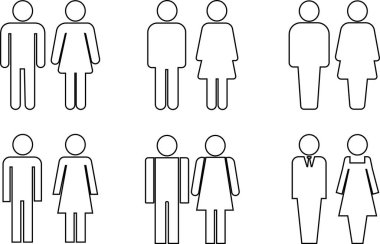 Tuvalet kapısının resimli resimleri. Kadın ve erkek tuvalet vektörü tabelaları, kadın ve erkek hijyen tuvalet sembolleri, siyah bayanlar ve baylar UI mobil uygulama ikonu kızlar