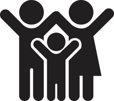 Ebeveynler ve çocuk mutlu aile ikonu düz moda tarzında. Sigorta sembolü olarak anne, baba ve oğul imzası olan küçük bir aile. Şeffaf arkaplanda tasarım izole edildi. Vektör uygulamaları, web sitesi