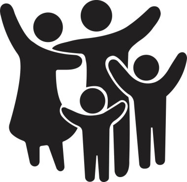 Ebeveynler ve çocuk aile simgesi düz moda tarzında. Sigorta sembolü olarak anne, baba, oğul ve kız imzalı küçük mutlu bir aile. Şeffaf arkaplanda tasarım. Vektör uygulamaları, web sitesi