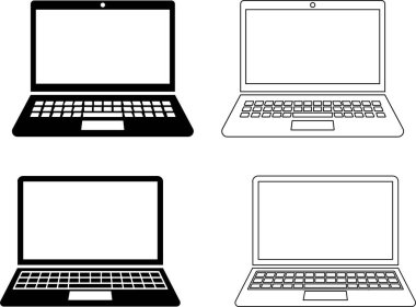 Düz çizgi halinde dizüstü bilgisayar simgesi. Şeffaf arkaplanda izole edilmiş. Uygulamalar ve web sitesi için elektronik ve aygıtlarla ilgili dizüstü bilgisayar, donanım LCD TV imzalama vektörü