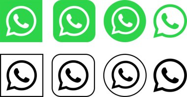 WhatsApp simgesi düz çizgi biçiminde. Şeffaf arkaplanda basit Whatsapp logosu işareti var. Web ya da mobil uygulamalar için vektör popüler sosyal medya düğmesi anında kurye yeşil, siyah editoryal
