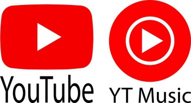 YouTube uygulaması ve YouTube müzik logosu düz sette. İnternet sitesi için YouTube oynatma düğmesi, ses müziği, sosyal medya editoryel vektörü. Şeffaf arkaplanda izole