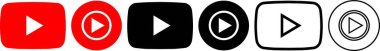YouTube uygulaması ve YouTube müzik logosu düz çizgi seti. İnternet sitesi için YouTube oynatma düğmesi, ses müziği, sosyal medya editoryel vektörü. Şeffaf arkaplanda izole
