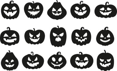 Komik Cadılar Bayramı balkabağı suratlı ikon düz stil Korkunç yüz izole edilmiş şeffaf arkaplan koleksiyonu Cadılar Bayramı tebrik kartı afiş broşürü veya broşürü için gülümsüyor. Vektör uygulamaları web sitesi