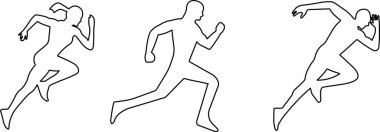 Koşan spor adamı ve kadın ikonu set halinde. Kaçan, yarışan, bitiren, hızlı koşan ve koşan çocuk figürlerini içeren şeffaf bir arka planda izole edilmiş. Uygulamalar için sembol vektörü, web sitesi