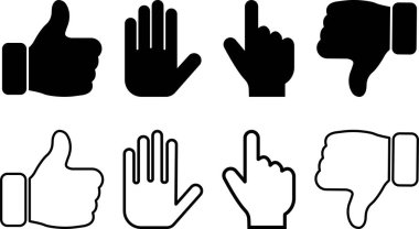 El hareketleri simgesi düz sette, çizgi şeklinde. Saydam arkaplanda parmak etkileşimi, baş parmak yukarı, baş parmak aşağı, işaret parmağı aşağı, dur sembolleri için el kullanımı gibi simgeleri içerir. vektör uygulamaları, web sitesi