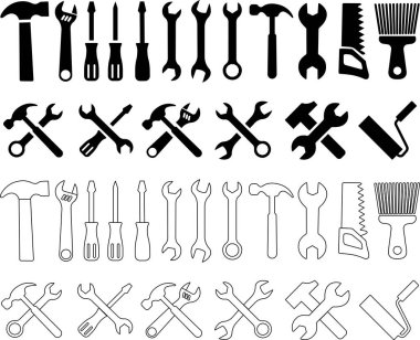 Araç onarımı ve servis simgesi düz, hat ayarlandı. Şeffaf arkaplanda izole edilmiş. Çekiç Çalıştırma Mühendisliği araç simgesi. Cihaz İnşaat anahtarı ve tornavida. Uygulamalar için vektör, ağ
