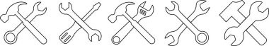 Araç onarımı ve servis simgesi ayarlandı. Şeffaf arkaplanda izole edilmiş. Çekiç Çalıştırma Mühendisliği araç simgesi. Cihaz İnşaat anahtarı ve tornavida. Uygulamalar için vektör, ağ