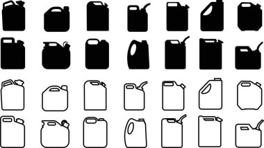 Jerrycan, teneke kutu simgesi düz, satır biçimi, şeffaf arkaplanda izole edilmiş. Benzin, benzin, yakıt ya da yağ kutusu sembolü. uygulamalar için siyah dizel plastik boş su kabı vektörü, web sitesi
